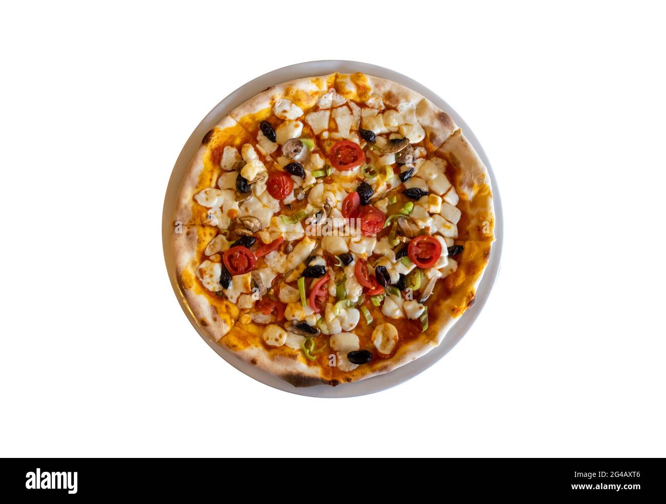 pizza sur fond blanc isolé, vue de dessus Banque D'Images
