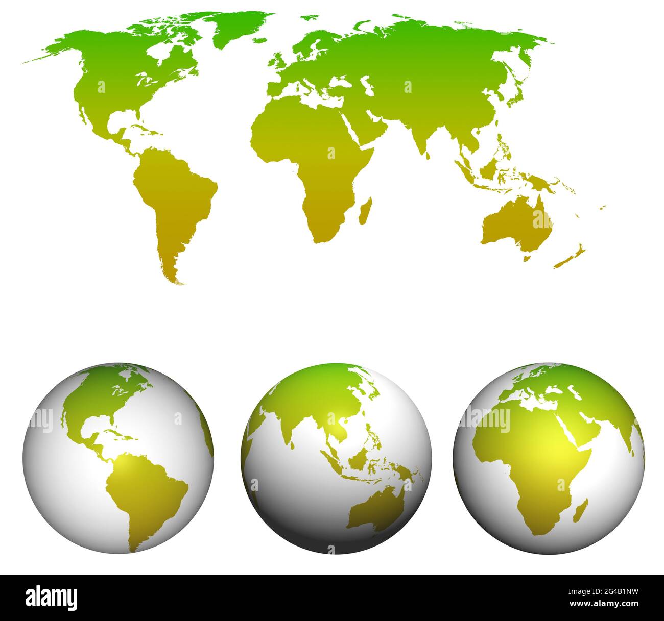 Carte du monde avec globes de terre isolés sur blanc. Banque D'Images