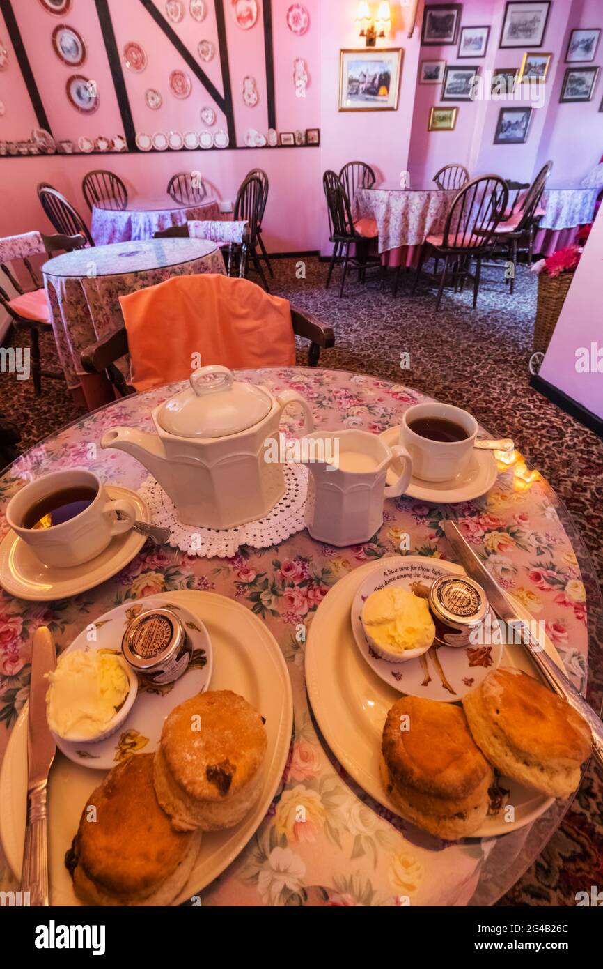 Angleterre, Île de Wight, Old Shanklin Village, le vieux tashop de chaume, thé anglais traditionnel et scones Banque D'Images