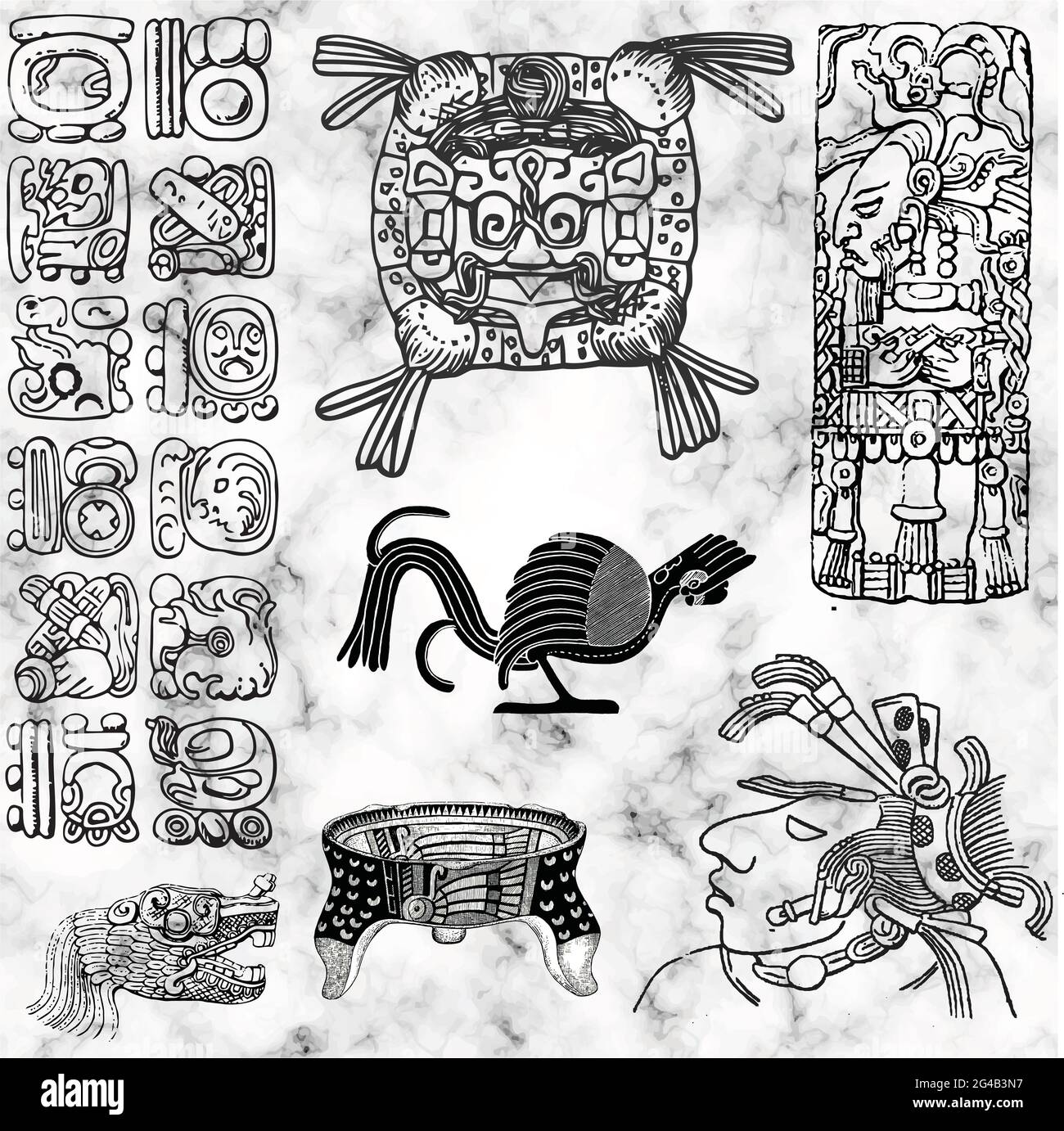 Dessins au trait vectorisés de l'époque maya classique, sur fond de marbre gris. Illustration de Vecteur