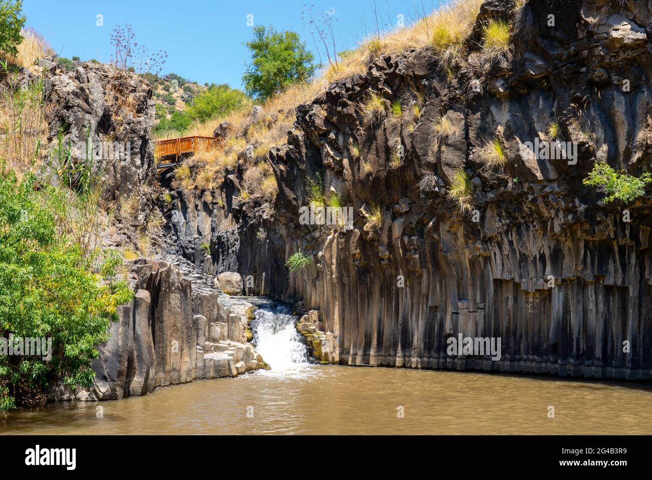 Israël, plateau du Golan, Réserve naturelle de la forêt de Yehudiya piscine de Meshushim - piscine hexagonale ainsi appelée en raison de la forme des roches de basalte dans la falaise Banque D'Images