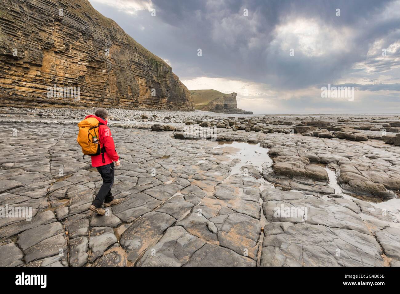 Marche sur la plage de Traeth Mawr sur le Wales Coast Path près de Monknash, pays de Galles, Royaume-Uni Banque D'Images