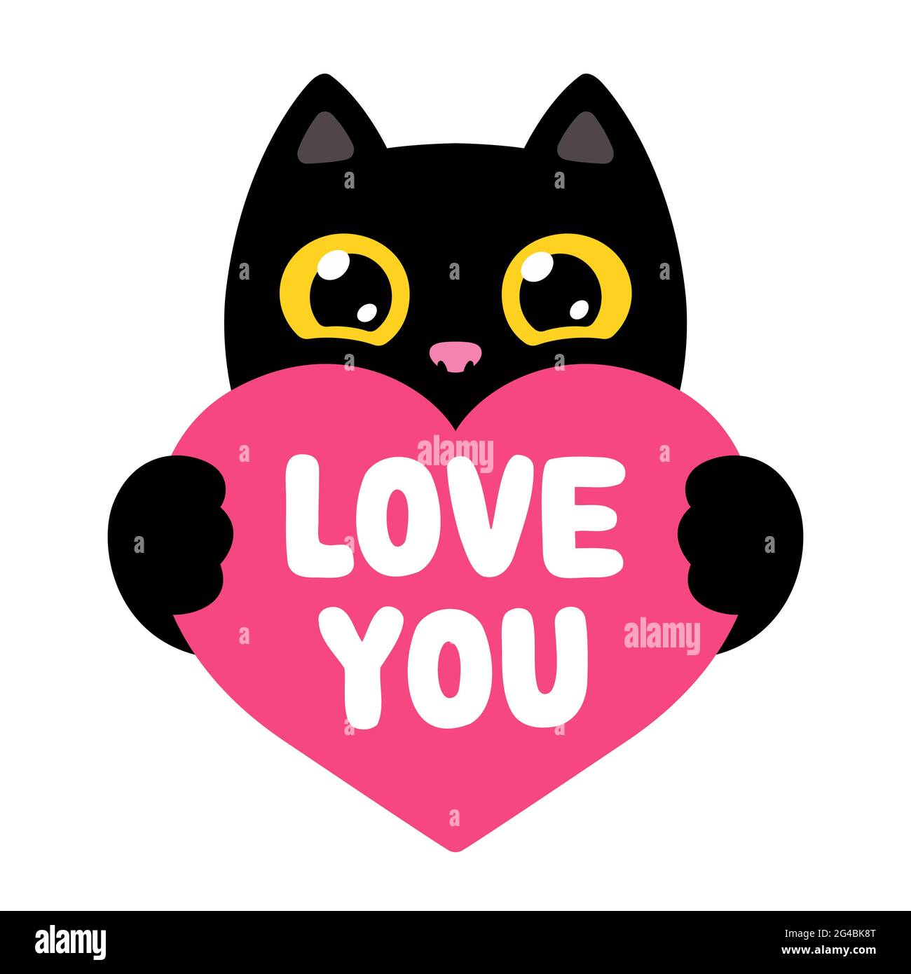 Drôle de dessin animé chat noir tenant coeur rouge disant Amour vous. Joli dessin de chaton de la Saint-Valentin, illustration vectorielle. Illustration de Vecteur