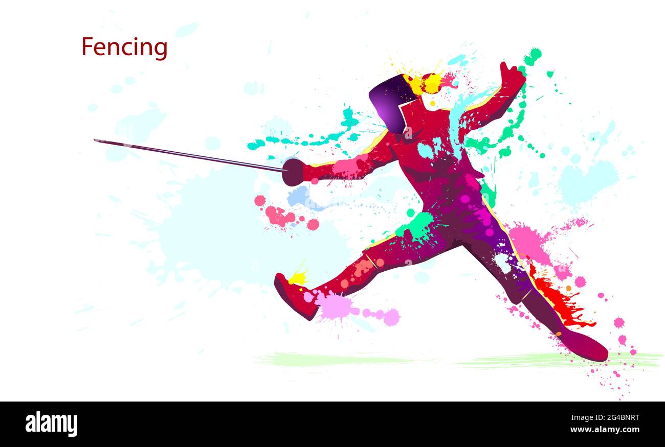 Tireur avec un sabre. Silhouette d'un athlète. Style grunge. L'escrime est un sport. Diverses éclaboussures et transferts multicolores. Illustration de Vecteur