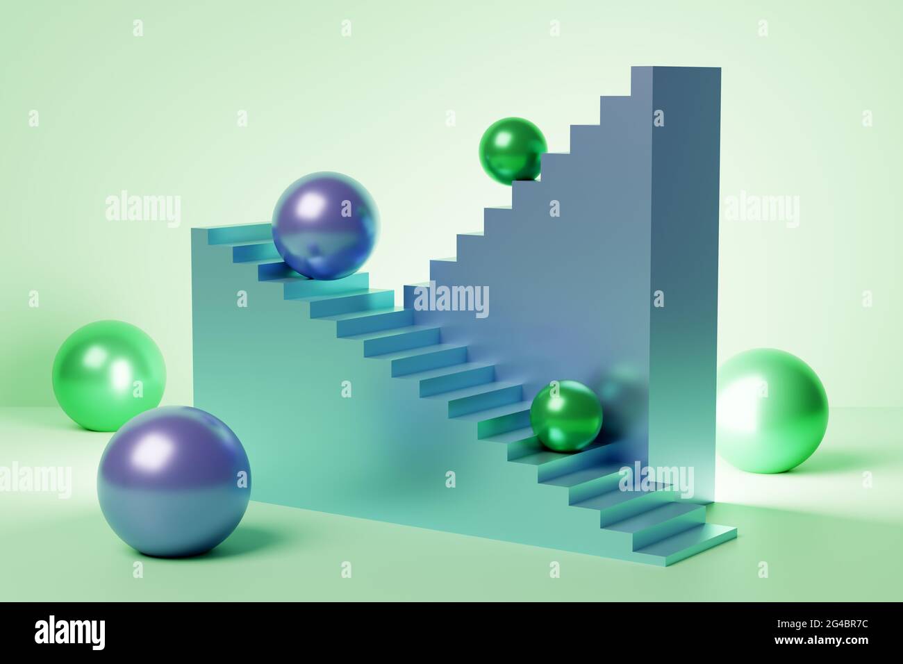 Illustration 3D surréaliste avec escaliers et sphères Banque D'Images