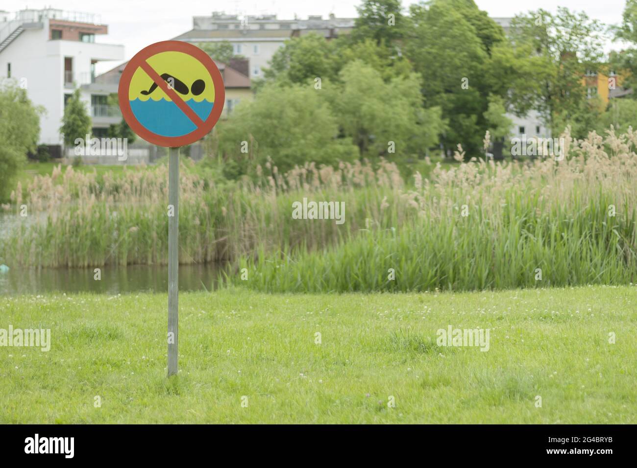 Panneau de natation, sur la rive de la rivière. Signe sur la rive du réservoir : la natation est interdite. Herbe et jour d'été. Le panneau vous informe que vous pouvez Banque D'Images