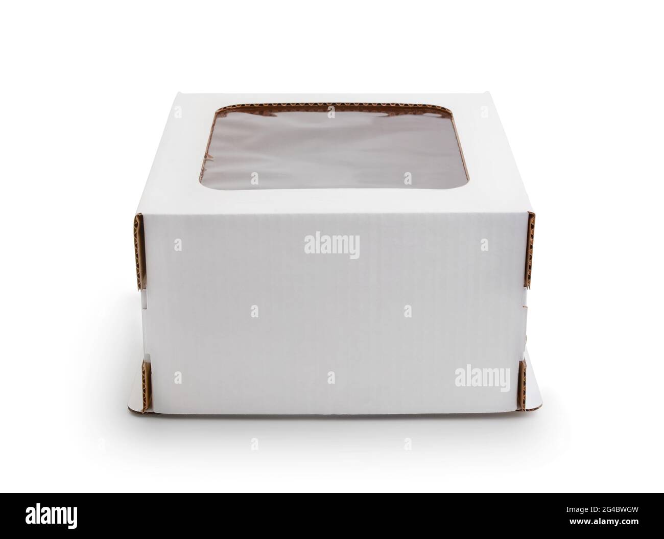 Boîte à gâteau en carton blanc vide isolée sur blanc. Banque D'Images
