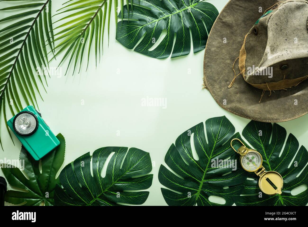 Feuilles tropicales, chapeau de cowboy, vieille lampe de poche compas, style rétro, aménagement minimal, concept de voyage, fond vert pastel vierge Banque D'Images