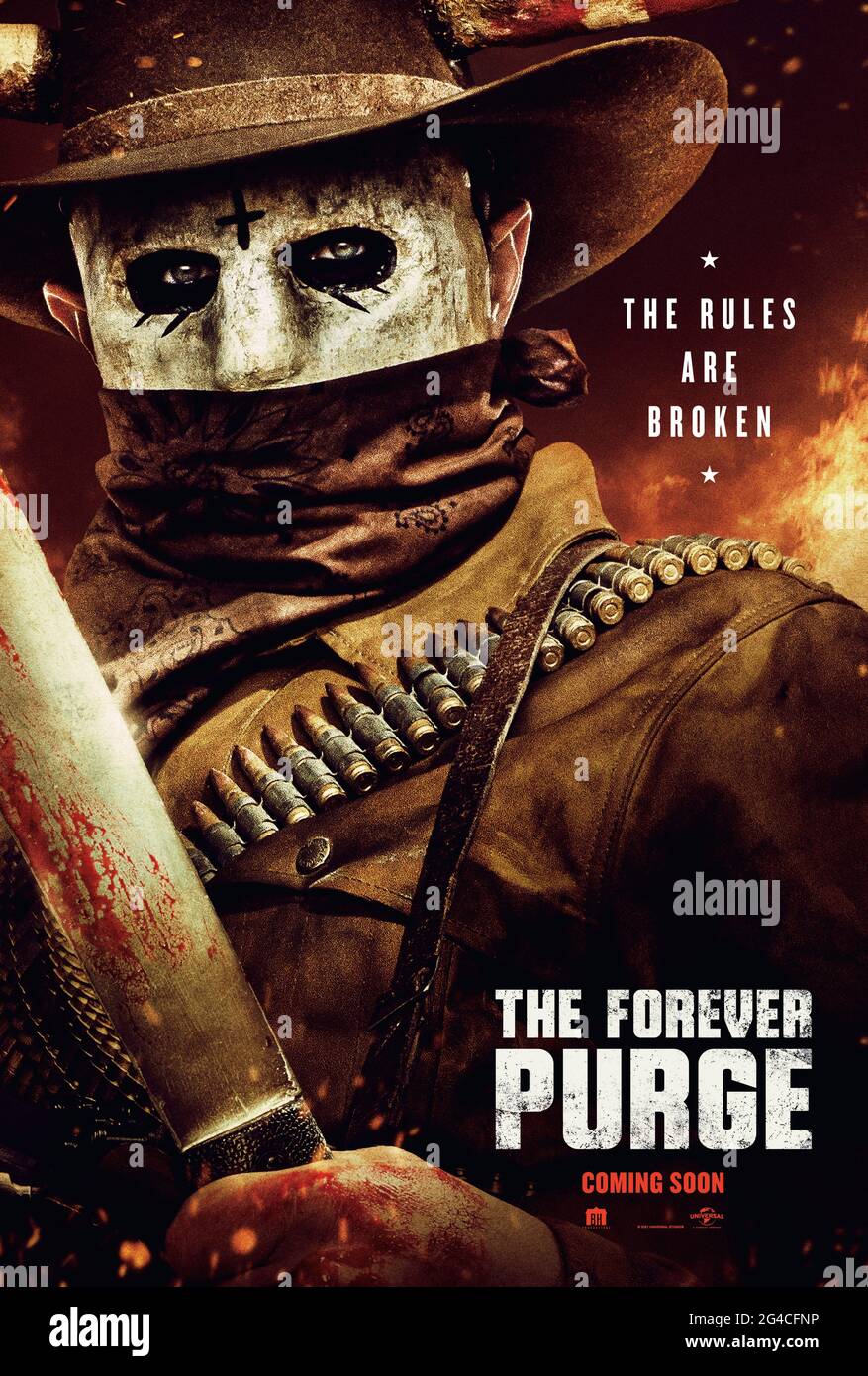 The Forever Purge (2021) dirigé par Everardo Gout et mettant en vedette Ana de la Reguera, Tenoch Huerta et Josh Lucas. Toutes les règles sont enfreindre car une secte de maraudeurs sans loi décide que la purge annuelle ne s'arrête pas à l'aube et ne devrait pas cesser Banque D'Images