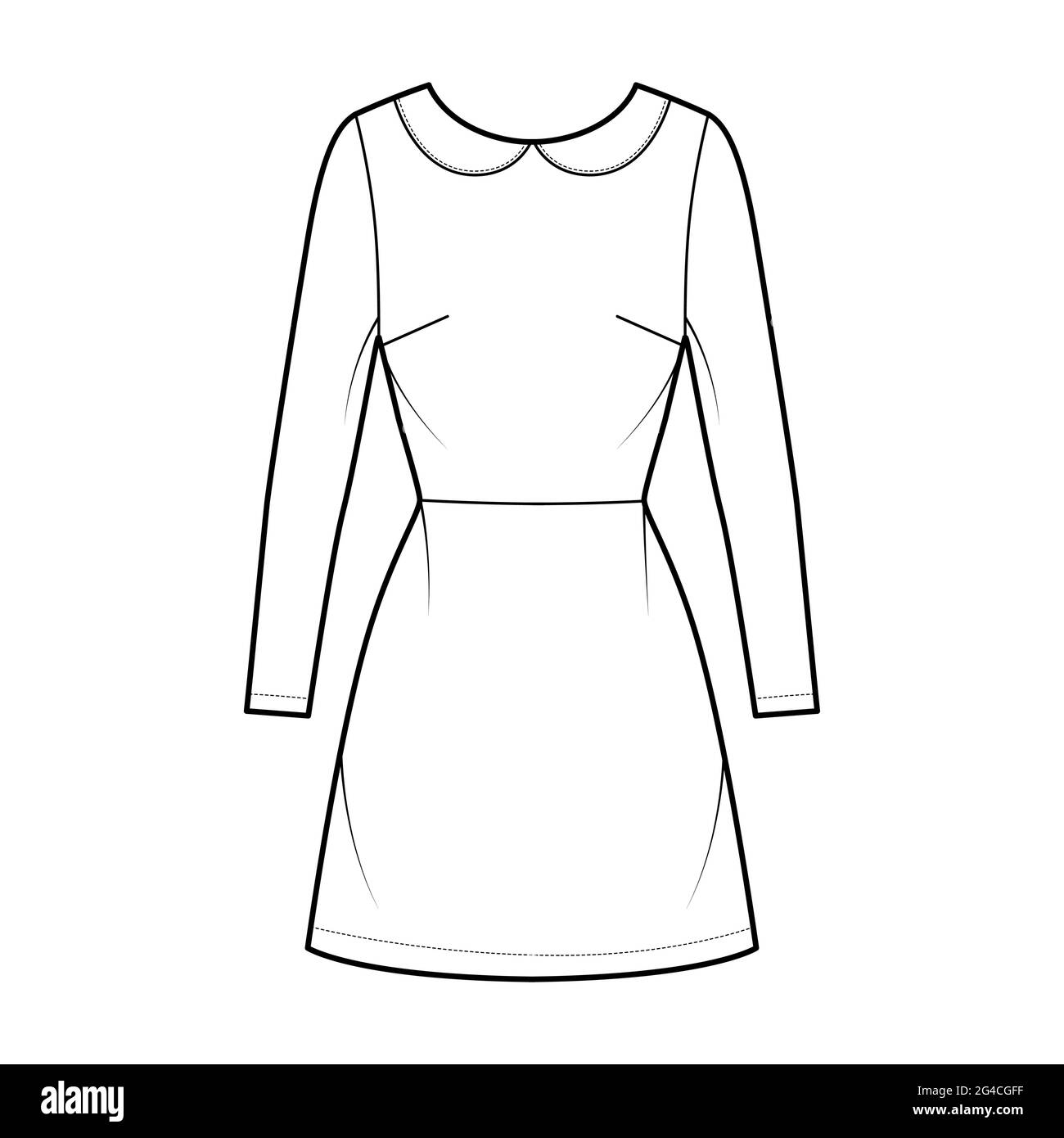 Robe A-line technique mode illustration avec manches longues, col claudine, corps ajusté, jupe au-dessus de la longueur du genou. Vêtements plats à l'avant, blanc c Illustration de Vecteur