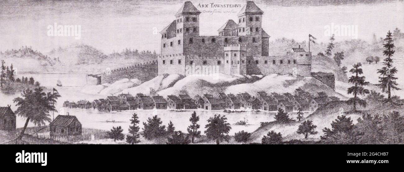 Forteresse suédoise Tavastehus (château de Tavastia ou château de Häme). La gravure du XVIIIe siècle. Le château de Tavastia ou le château de Häme est un château médiéval de Tavastia proprement dit, en Finlande. Il est situé à Hämeenlinna, entre Helsinki et Tampere. Situé à l'origine sur une île, le château se trouve maintenant sur la côte du lac Vanajavesi. Le château se compose d'un donjon central et de murs-rideaux environnants, enfermés par une lande. Banque D'Images