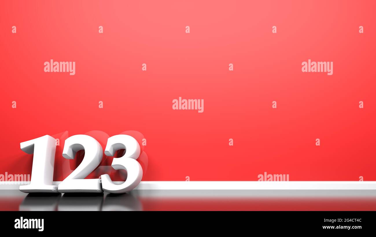 123 chiffres blancs inclinés au mur rouge - illustration du rendu 3D Banque D'Images