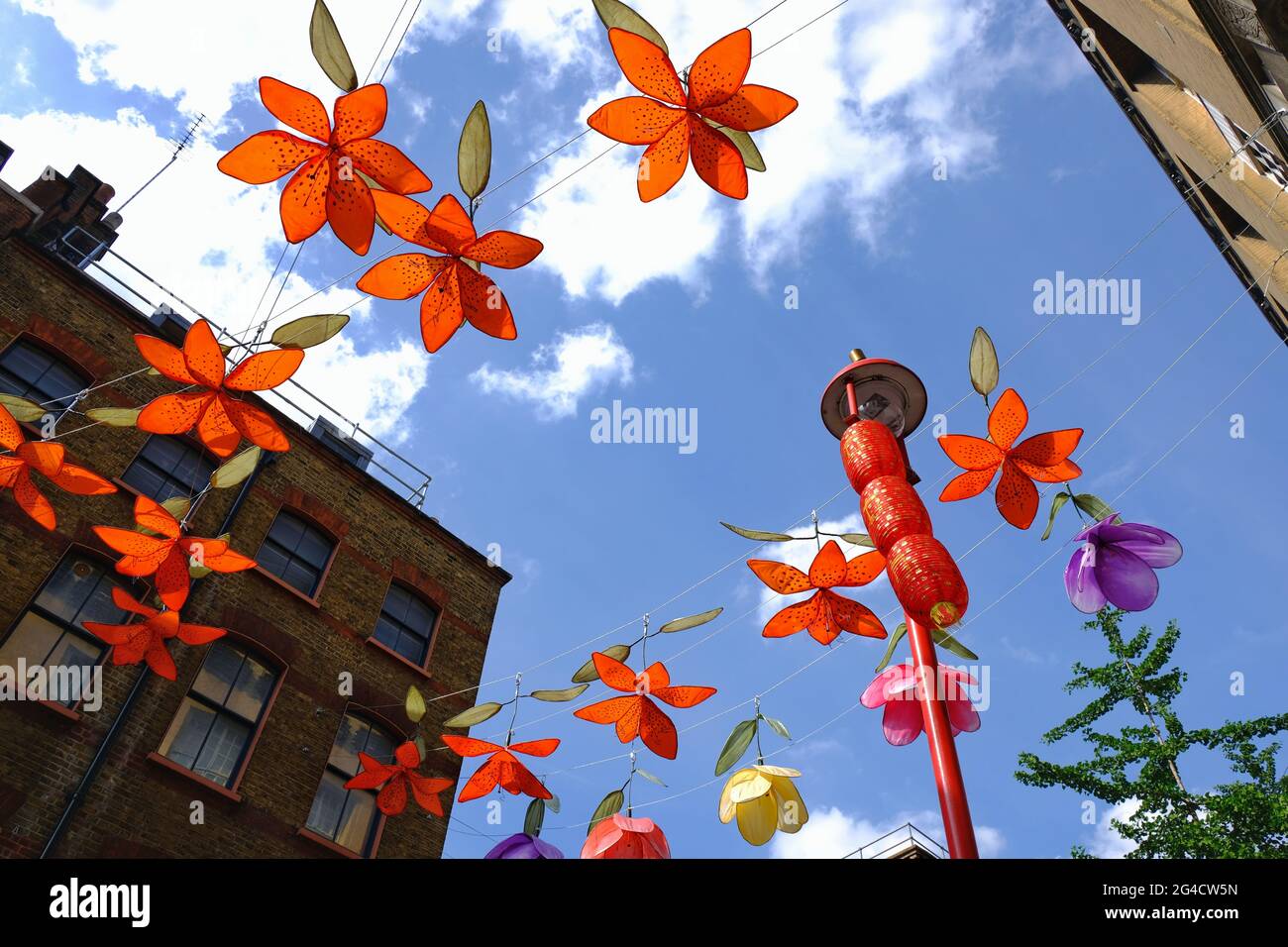 Un « jardin botanique » avec sept types de fleurs faites à la main est exposé au-dessus du quartier chinois de Londres. Banque D'Images