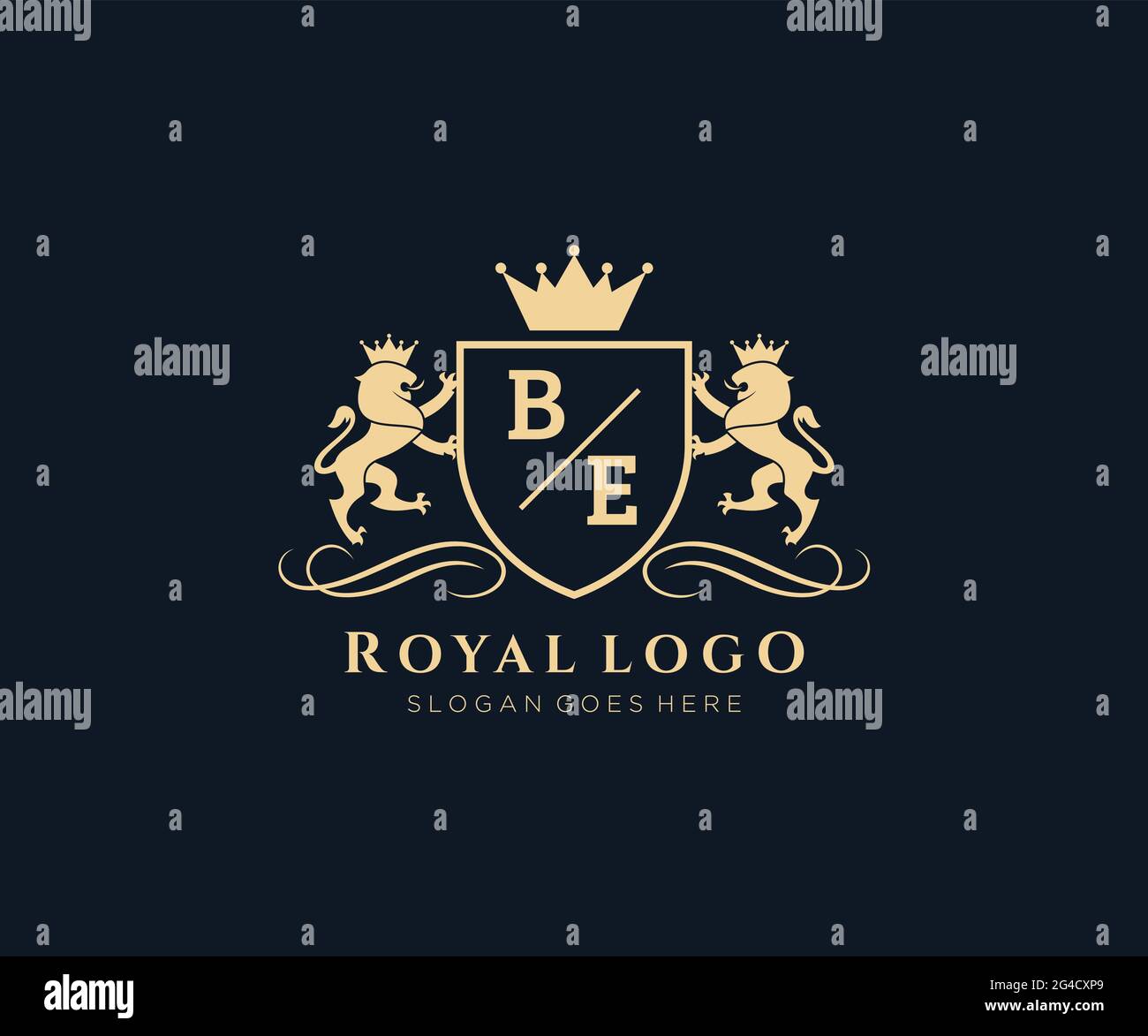 BE Letter Lion Royal Luxury Heraldic, Crest logo template dans l'art vectoriel pour restaurant, Royalty, Boutique, café, Hôtel, Héraldique, bijoux, mode et Illustration de Vecteur