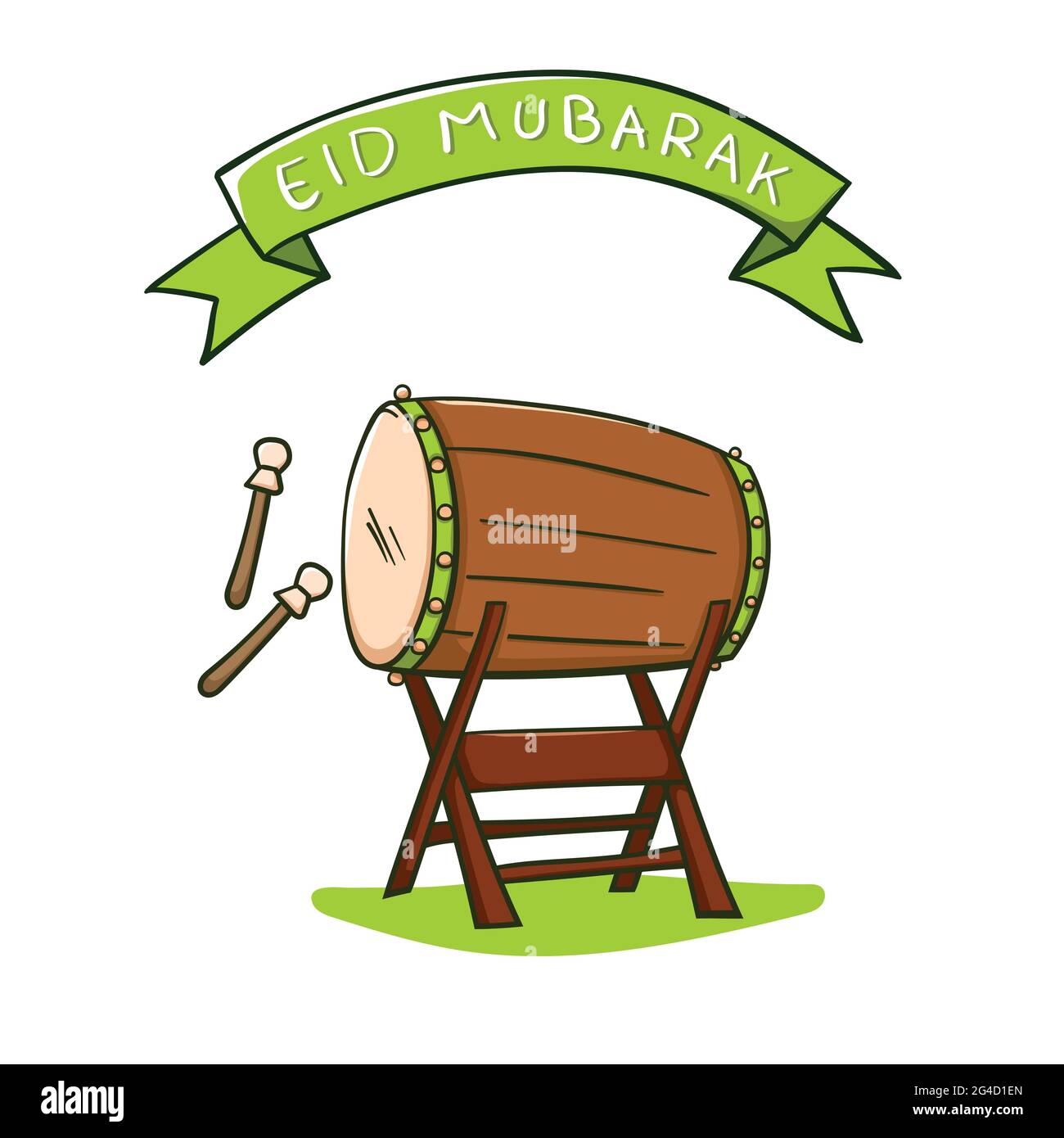 EID Mubarak célébration avec la décoration de ruban et le tambour de mosquée battant à la nuit Doodle style scénario vectoriel Illustration de Vecteur