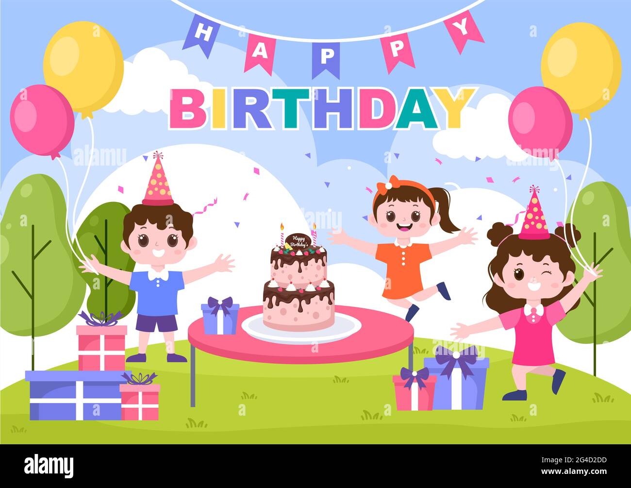 Joyeux Anniversaire Fete Celebrant L Illustration Avec Ballon Chapeaux Confettis Cadeau Et Gateau Pour Creer Des Cartes Des Invitations Des Cadres Photo Et Des Fonds De Page Image Vectorielle Stock Alamy
