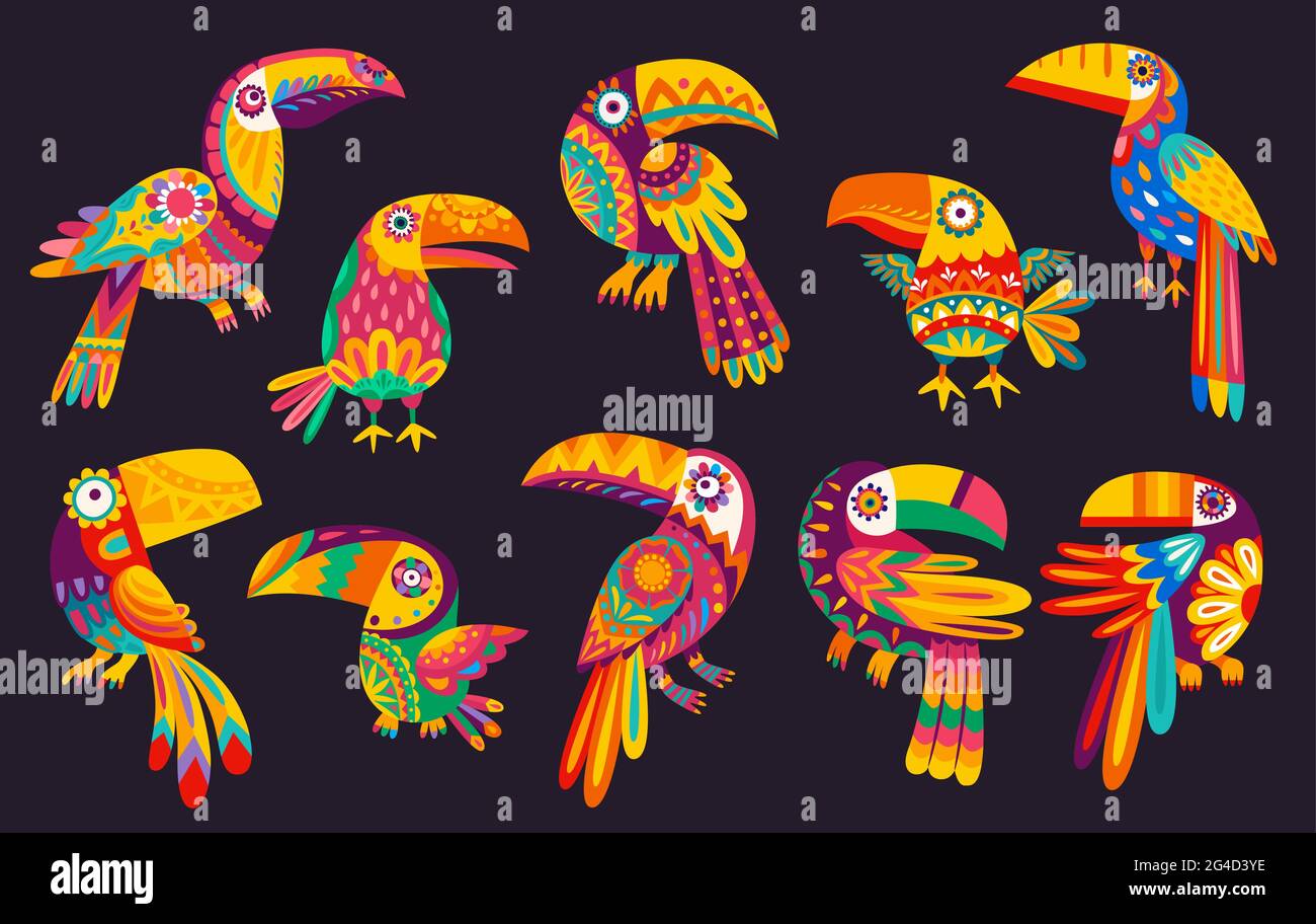 Dessin animé mexicain des oiseaux de toucan dessin vectoriel avec les animaux traditionnels du Mexique. Jungle tropicale exotique toucan ou oiseaux toucanet, bec, queues et feath Illustration de Vecteur