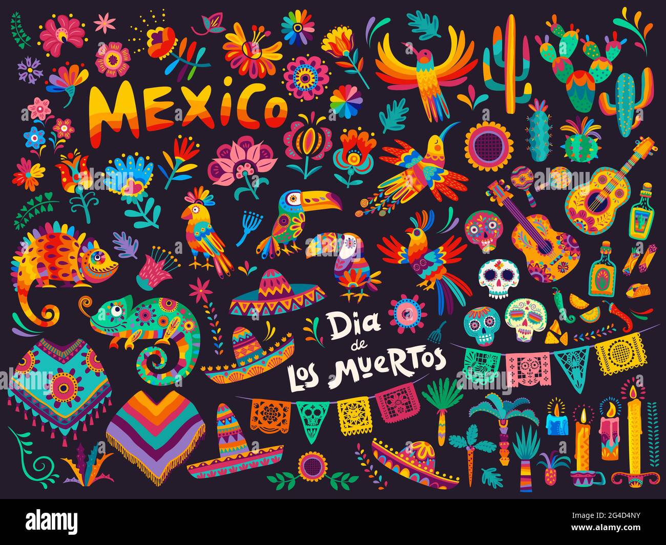 Symboles de dessins animés mexicains de vecteur Dia de los Muertos ou de jour de la mort de vacances fond. Mexique Halloween sucre crânes, fiesta Party Sombrero chapeaux et Illustration de Vecteur