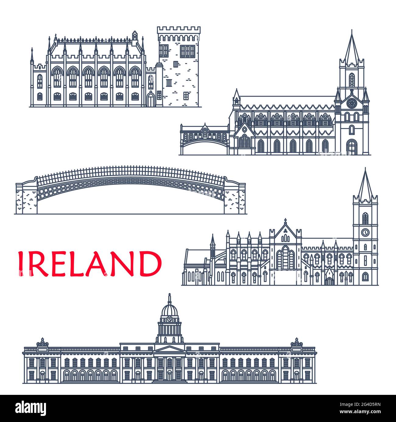Monuments et architecture de l'Irlande, bâtiments de Dublin et voyages touristiques, icônes vectorielles. Irish Ha penny ou Liffey Bridge, Custom House, Christ Churc Illustration de Vecteur