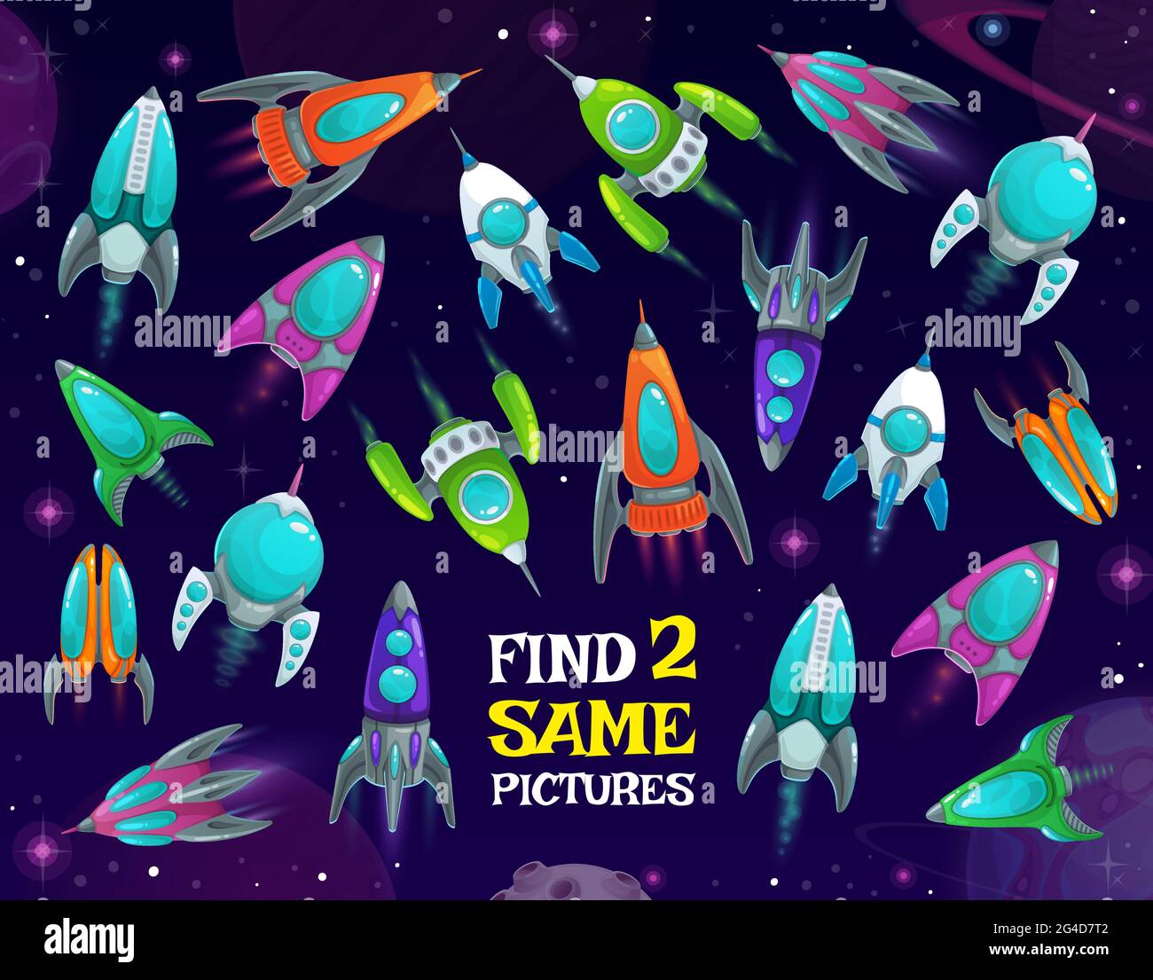 Les vaisseaux spatiaux dans le jeu d'enfants de l'espace, trouver deux mêmes fusées vecteur énigme avec des navettes dans la galaxie. Test éducatif logique des enfants avec l'espace drôle dans les navires Illustration de Vecteur