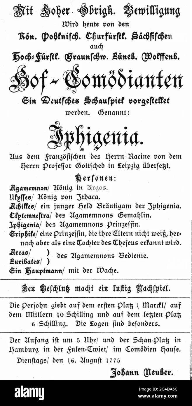 théâtre / théâtre, pièce, 'Iphigenie', par Jean racine, traduction allemande par Johann Christoph Gottsched, LE DROIT D'AUTEUR DE L'ARTISTE NE DOIT PAS ÊTRE AUTORISÉ Banque D'Images