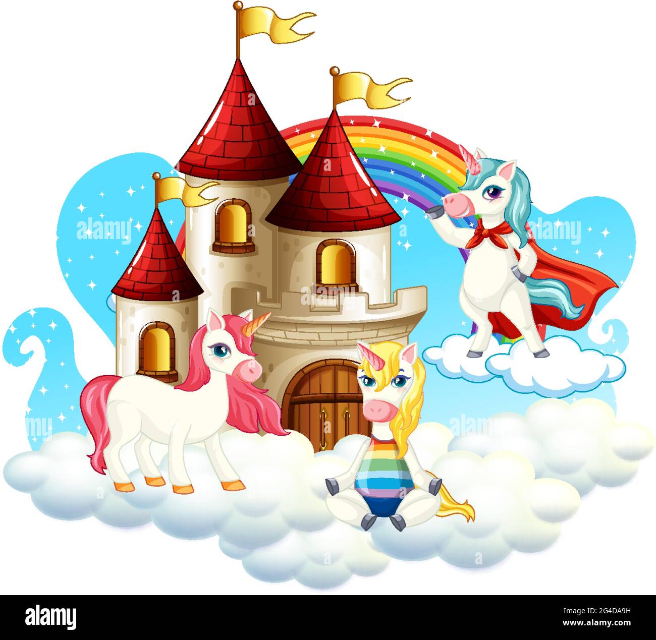 Beaucoup de personnages de dessin animé de licorns mignons avec château