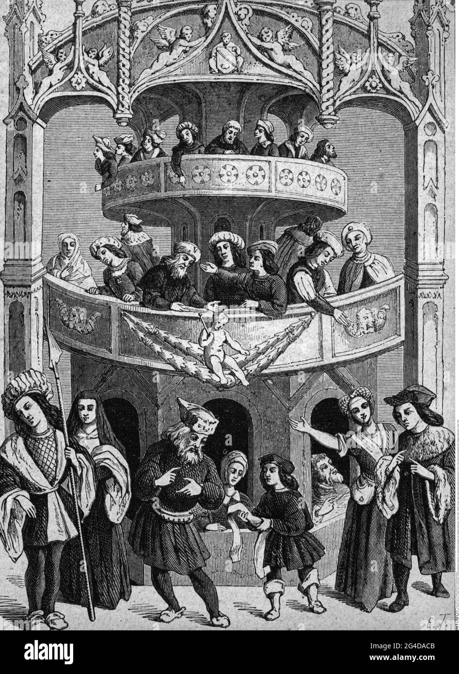 théâtre / théâtre, conception de scène / scène, représentation théâtrale, France, XVIe siècle, gravure en bois, LES DROITS D'AUTEUR DE L'ARTISTE NE DOIVENT PAS ÊTRE EFFACÉS Banque D'Images