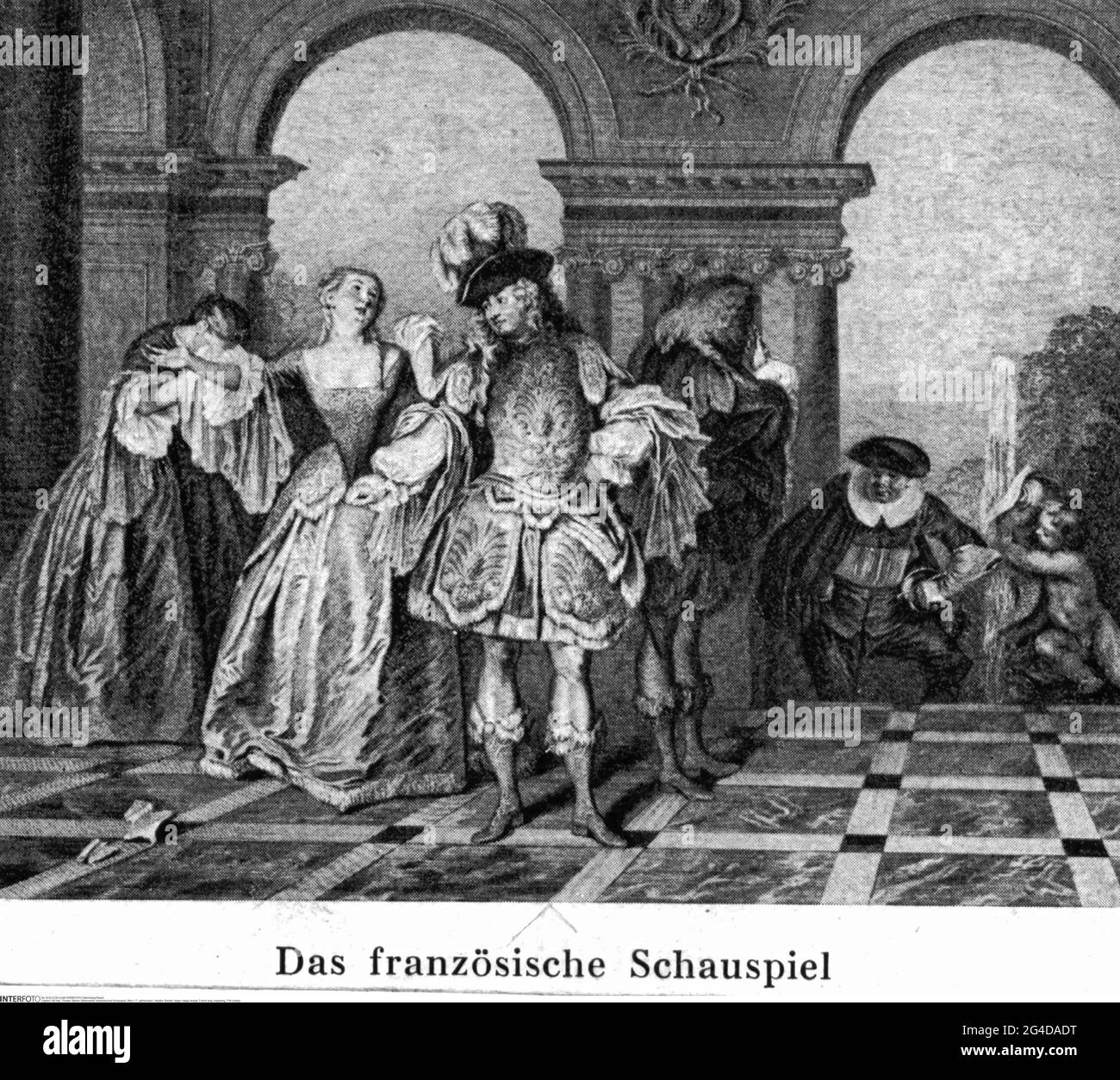 théâtre / théâtre, scène / dessin de scène, pièce française, gravure, 17ème siècle, LE DROIT D'AUTEUR DE L'ARTISTE N'A PAS À ÊTRE AUTORISÉ Banque D'Images