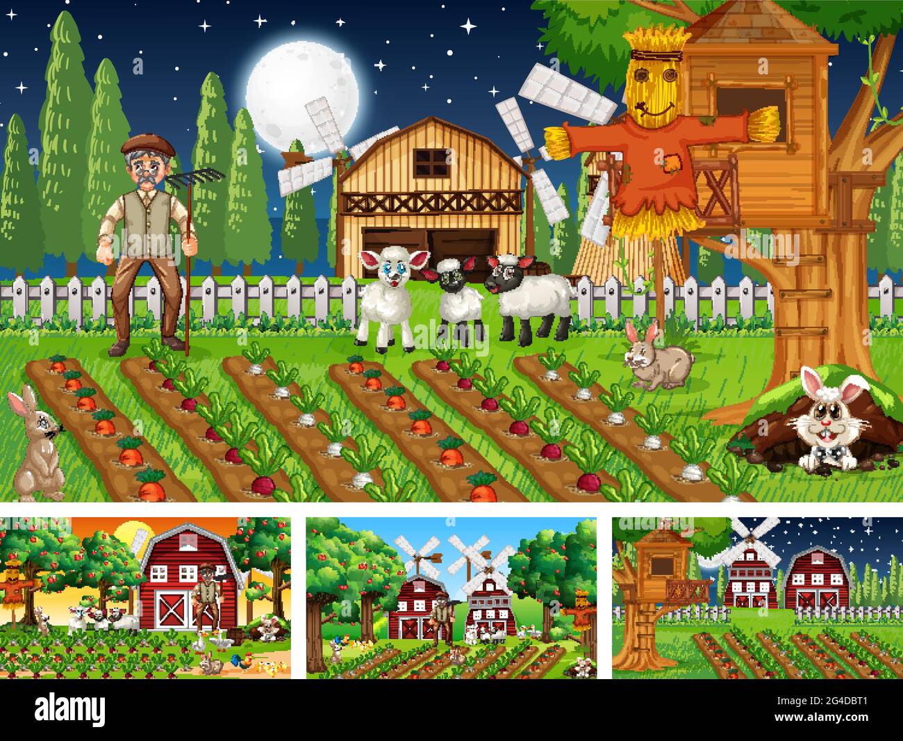 Différentes scènes de ferme avec le vieux paysan et le personnage de dessin animé animal illustration Illustration de Vecteur