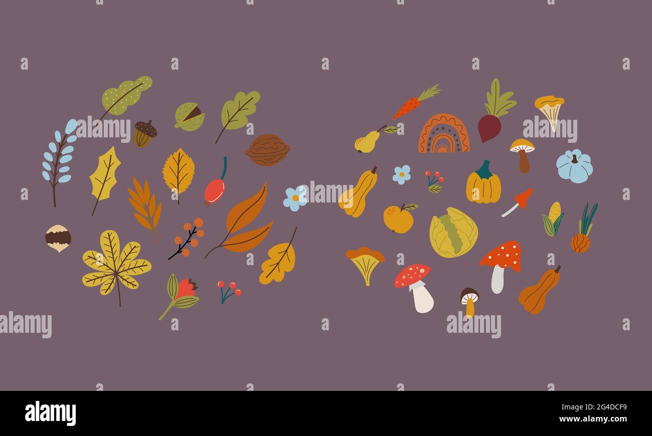 feuilles d'automne, champignons, légumes de style plat Illustration de Vecteur