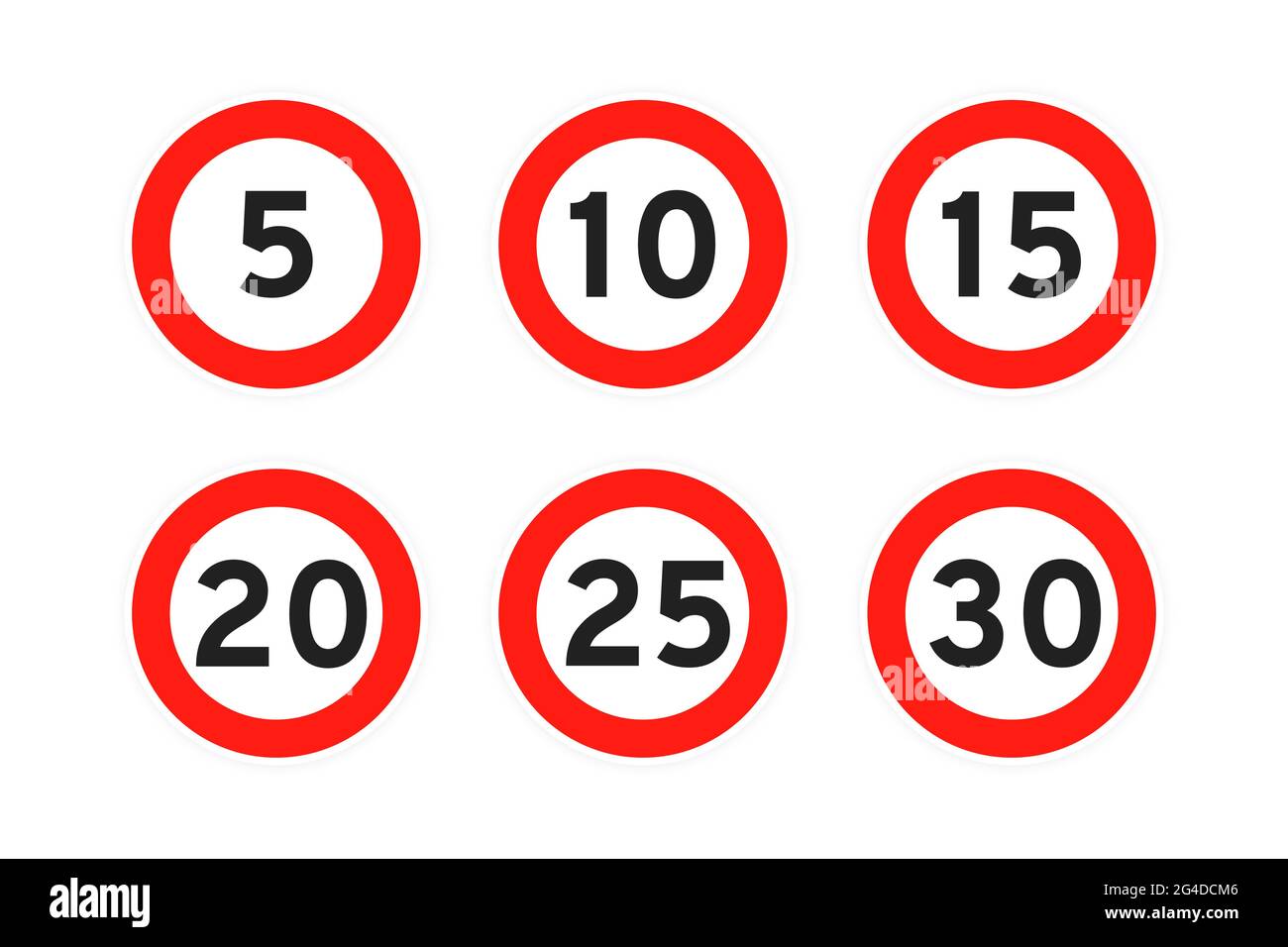 Limite de vitesse 5,10,15,20,25,30 route ronde icône signe plate style design vecteur illustration ensemble isolé sur fond blanc. Entourez la route standard Illustration de Vecteur