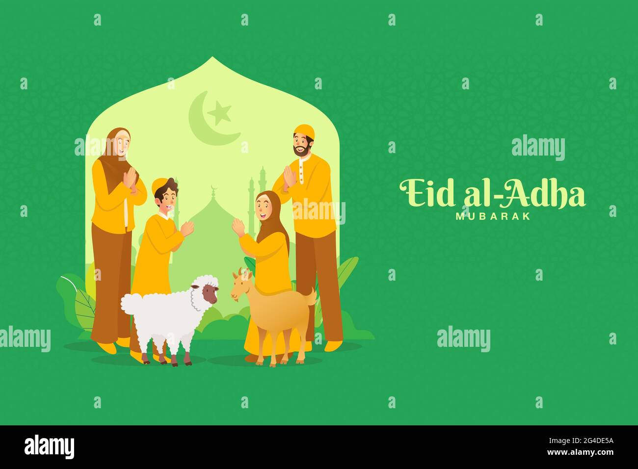 Carte de vœux EID al Adha. Caricature de la famille musulmane célébrant Eid al Adha avec une chèvre et un mouton pour l'animal sacrificiel Illustration de Vecteur