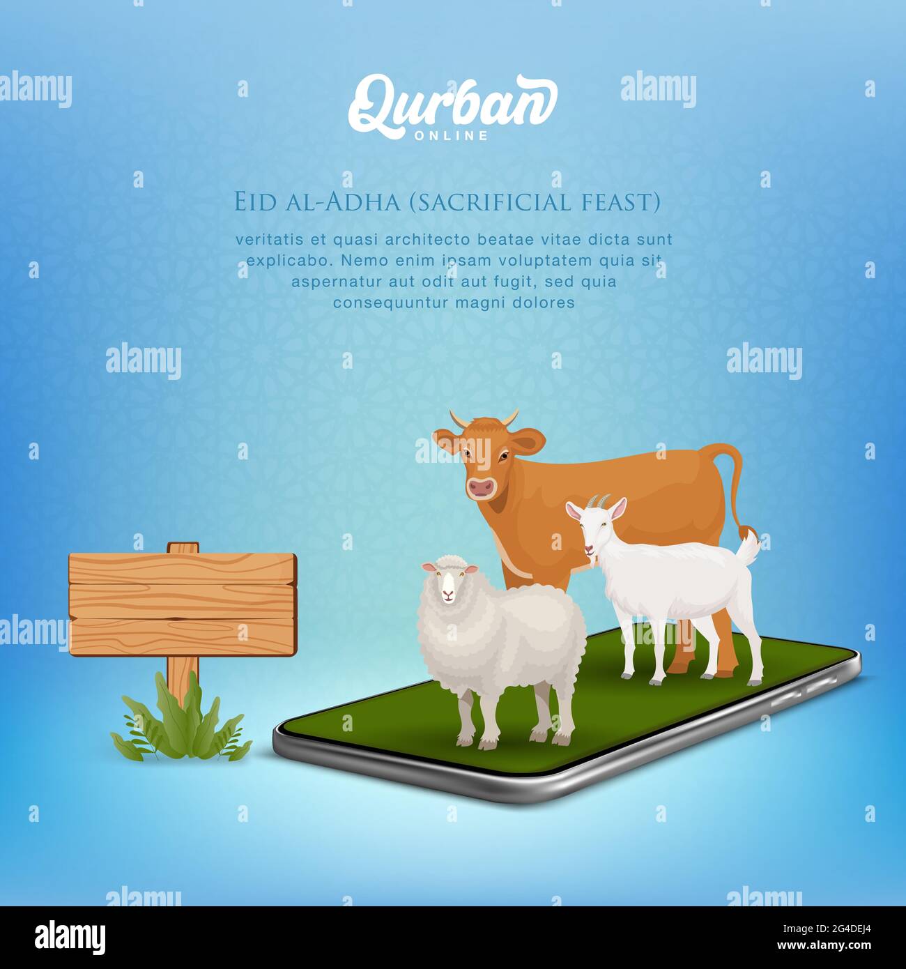 Concept d'application mobile QUrban en ligne. Illustration d'un smartphone avec animal sacrificiel pour Eid al Adha Illustration de Vecteur