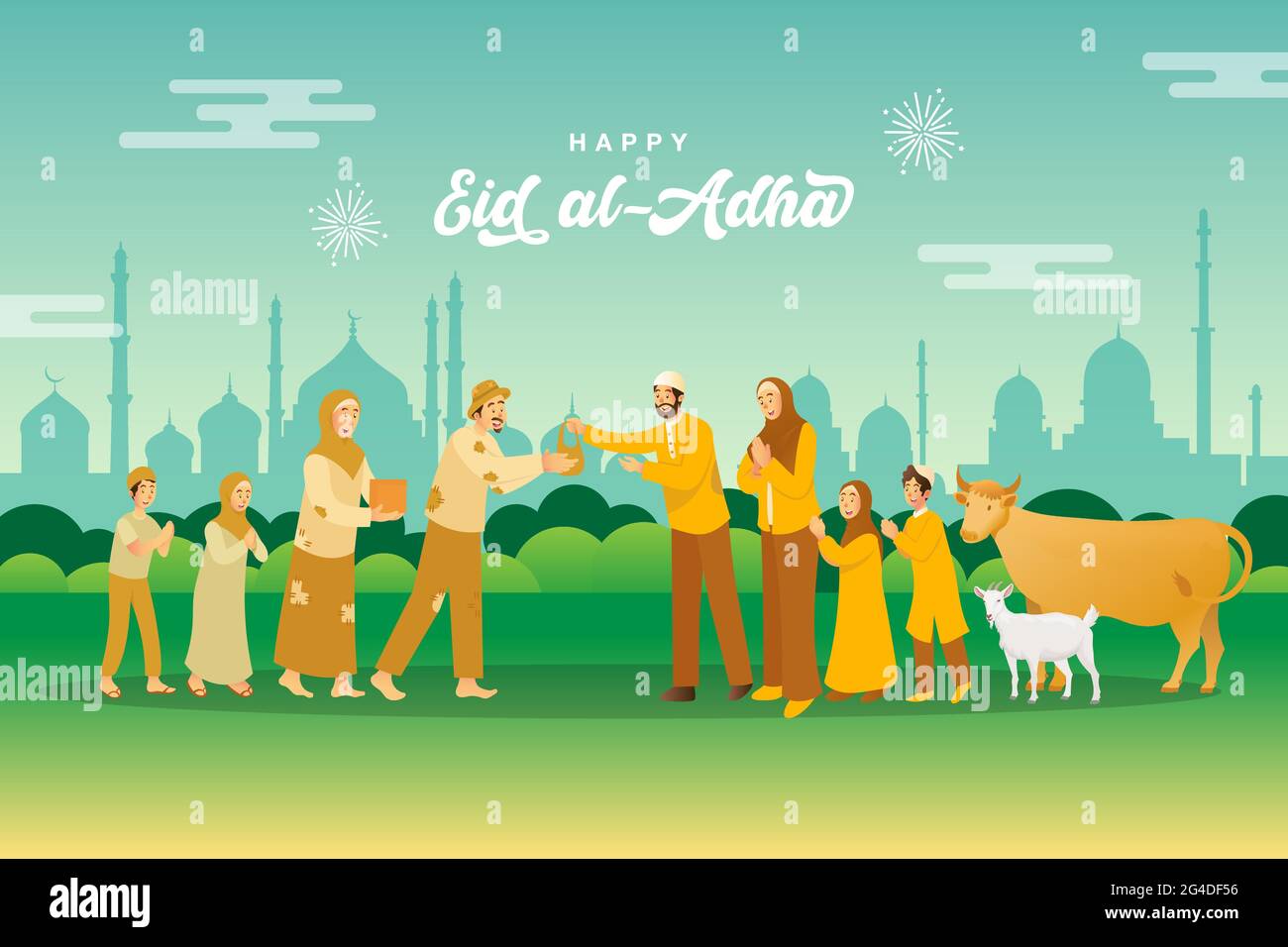 Carte de vœux EID al Adha. Famille musulmane partageant la viande de l'animal sacrificiel pour les pauvres Illustration de Vecteur