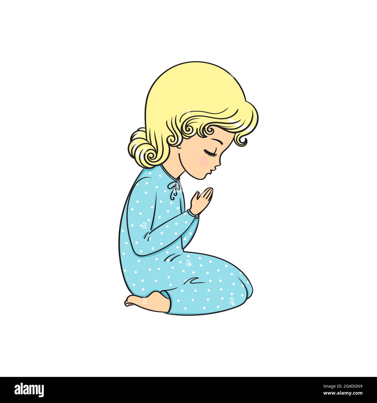 Petite fille mignonne s'agenouille prier.Vector stock Illustration isolée sur fond blanc. Illustration de Vecteur