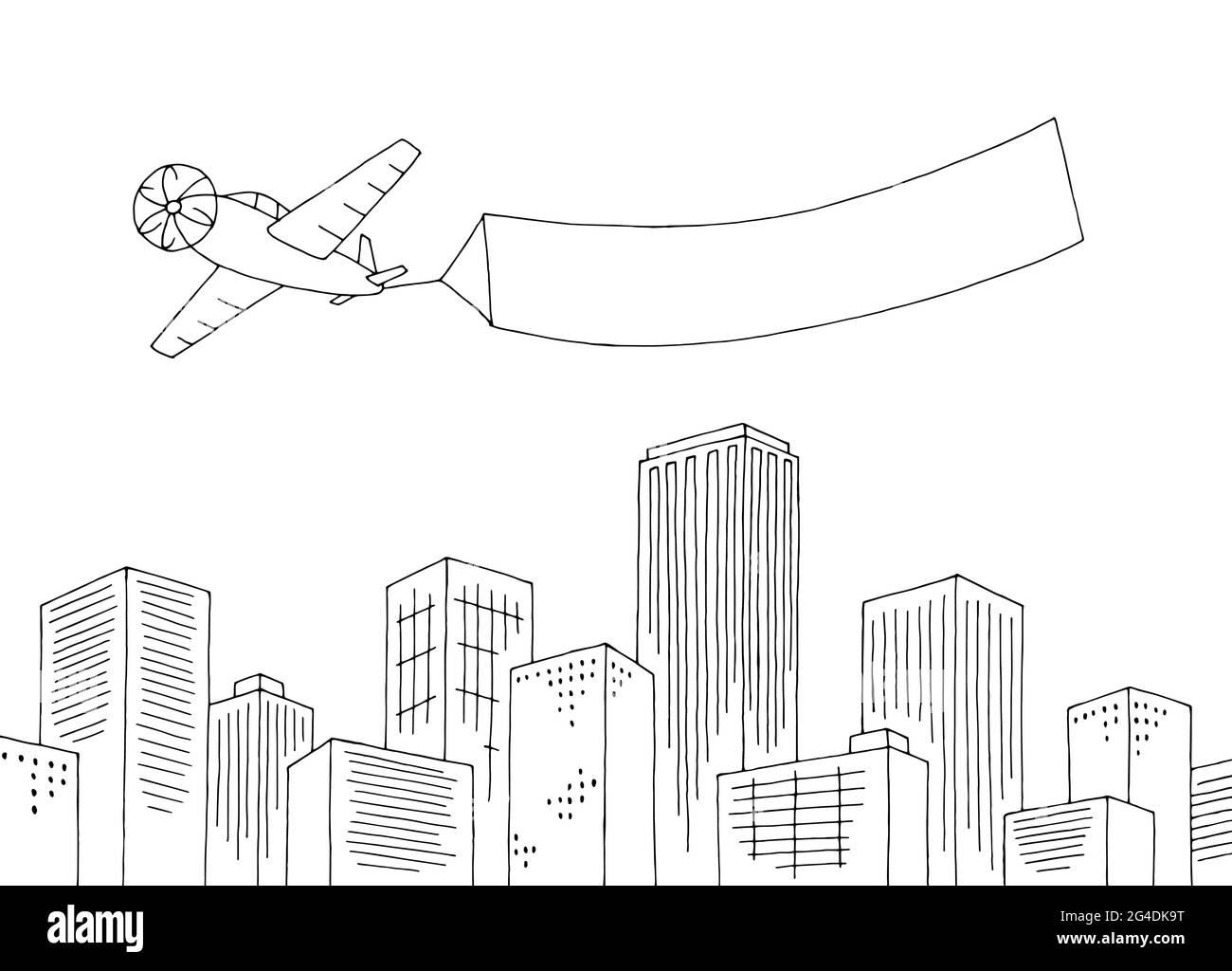 Bannière avion survolant le graphique de la ville noir blanc paysage dessin vecteur d'illustration Illustration de Vecteur