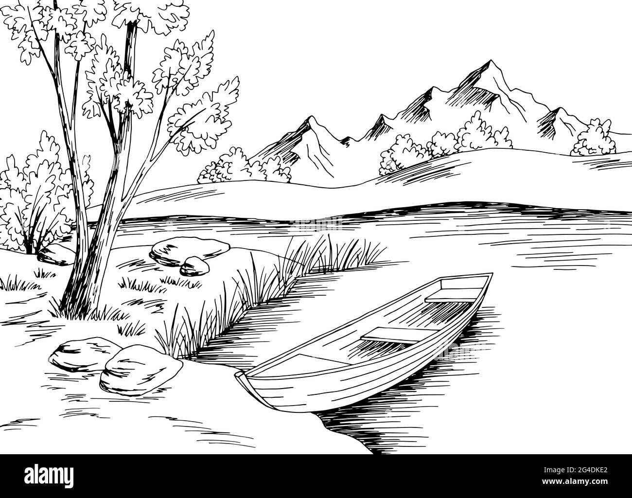 Bateau de rivière graphique noir blanc paysage dessin illustration vecteur Illustration de Vecteur