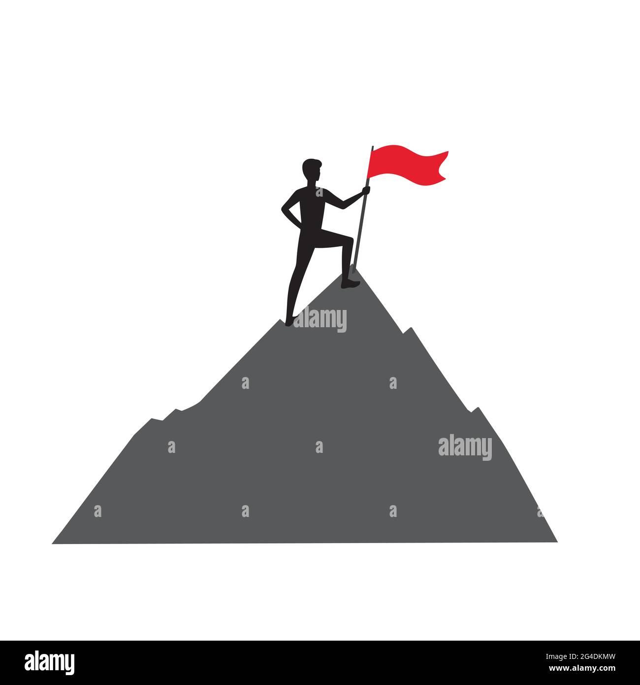 Concept de succès.Un homme avec un drapeau rouge se dresse au sommet d'une montagne. Gagnant de Symbol.Numéro un. Le grimpeur a conquis le sommet.gagnant de la concurrence Illustration de Vecteur