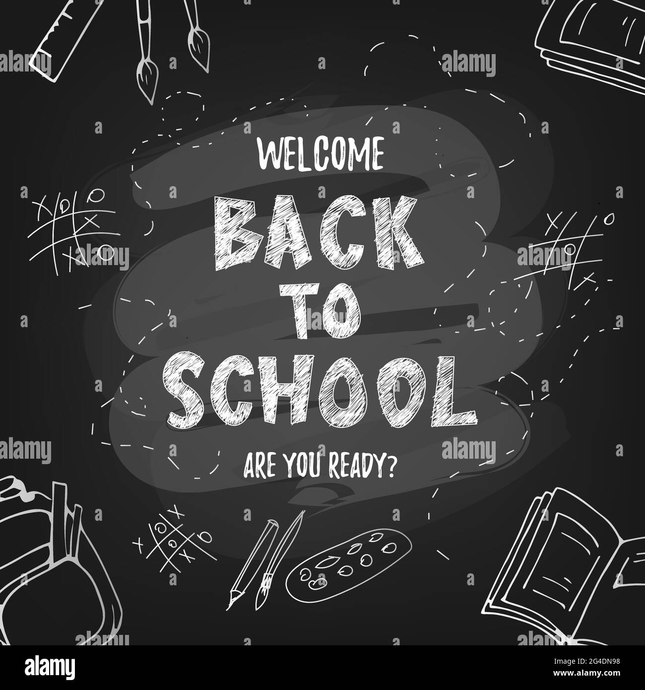 Retour à l'école mignon texte drôle avec des fournitures scolaires et des éléments éducatifs. Concept design, bannière, carte, message d'accueil. Illustration vectorielle. Illustration de Vecteur