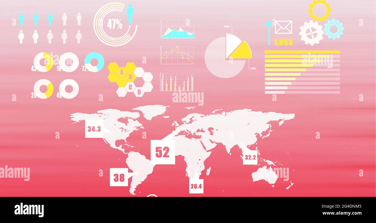 Interface numérique avec traitement des données sur la carte du monde sur fond de dégradé rose Banque D'Images