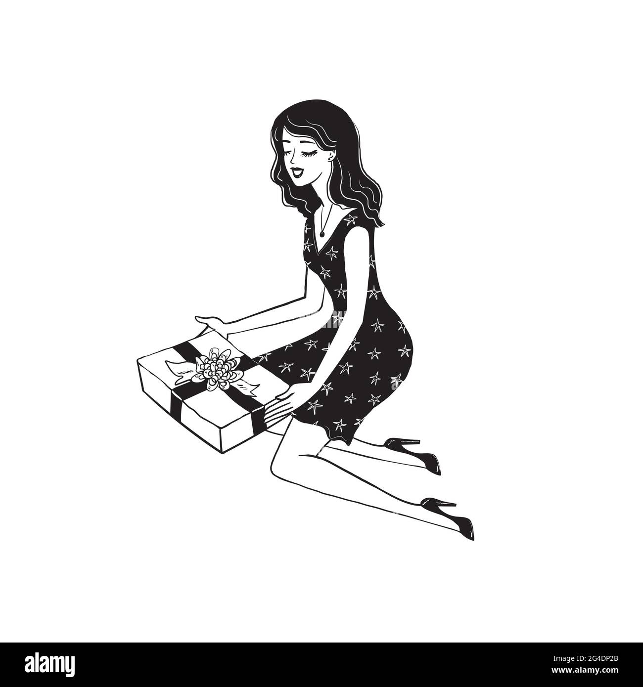 Joyeux Sourire Belle Jeune Femme Avec Une Boite De Cadeaux Avec Des Rubans Personnage De Style Dessine A La Main Isole Sur Fond Blanc Joyeux Anniversaire Heureux Image Vectorielle Stock Alamy
