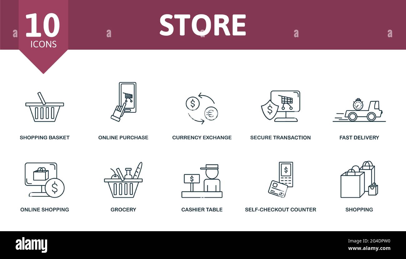 Stocker ensemble d'icônes. Contient des icônes modifiables, telles que le panier, le change de devises, la déviation rapide et bien plus encore. Illustration de Vecteur
