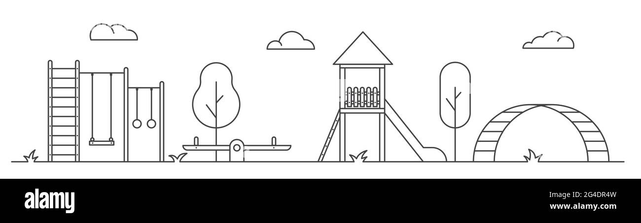 Aire de jeux pour enfants. Illustration de dessin au trait. Le paysage du parc avec balançoire, banc et toboggan. Illustration vectorielle isolée sur fond blanc Illustration de Vecteur
