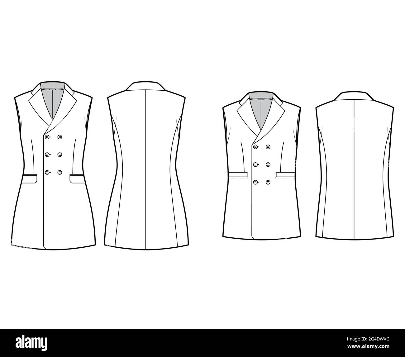 Ensemble de vestes sans manches gilets à revers gilet technique illustration de la mode avec col cranté, fermeture boutonnée, poches. Sans pinces, à l'arrière, avec Illustration de Vecteur