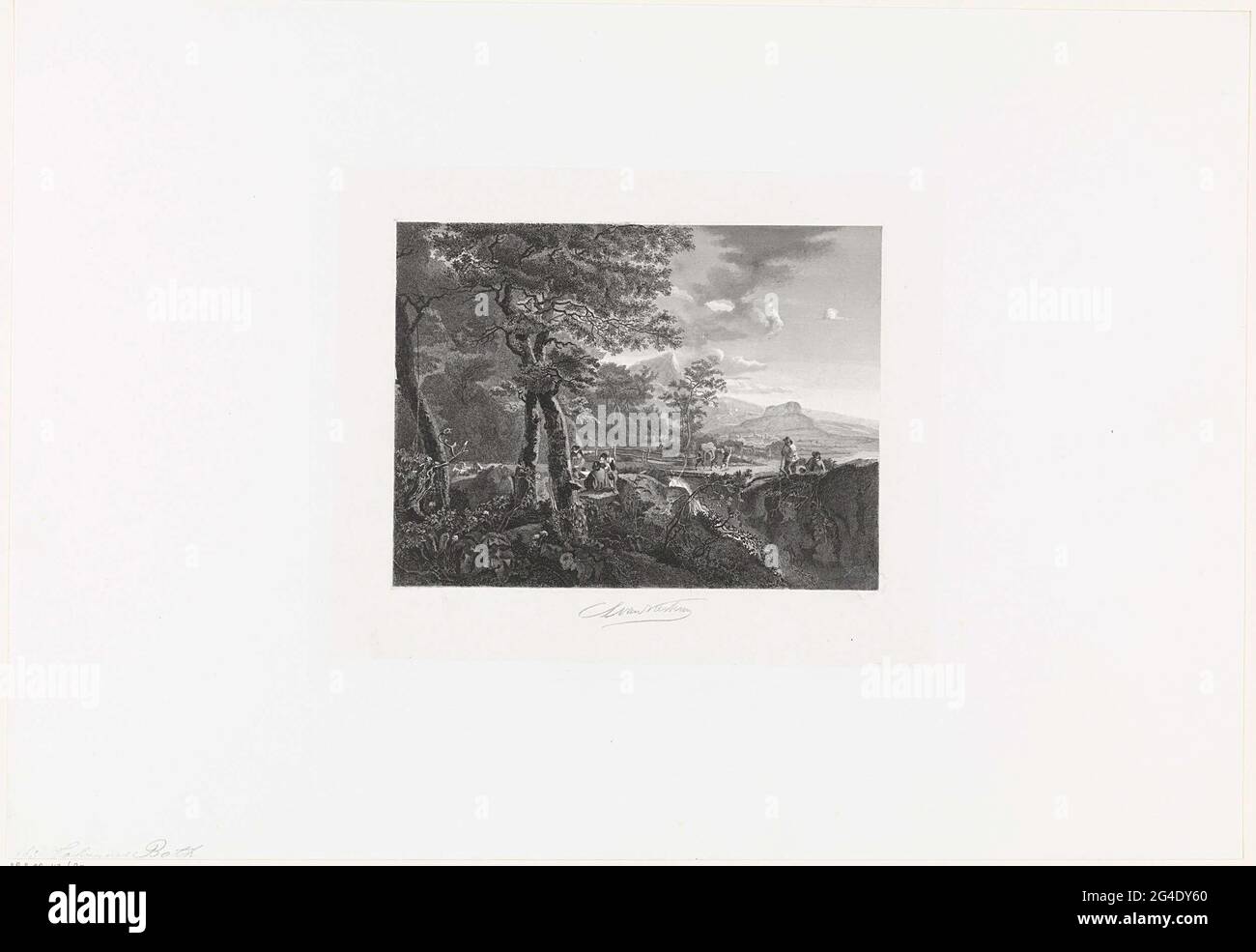 . Paysage italien avec une route et un pont au-dessus d'un ruisseau de montagne. Au premier plan se trouve un rapporteur pour avis, dans lequel certains hommes se sont joints. L'un des hommes pointe vers la mule déchargée, qui court sur la route. Sur la gauche sur le chemin il y a trois chèvres et les contours de la ville et les montagnes peuvent être vus sur la droite. Banque D'Images