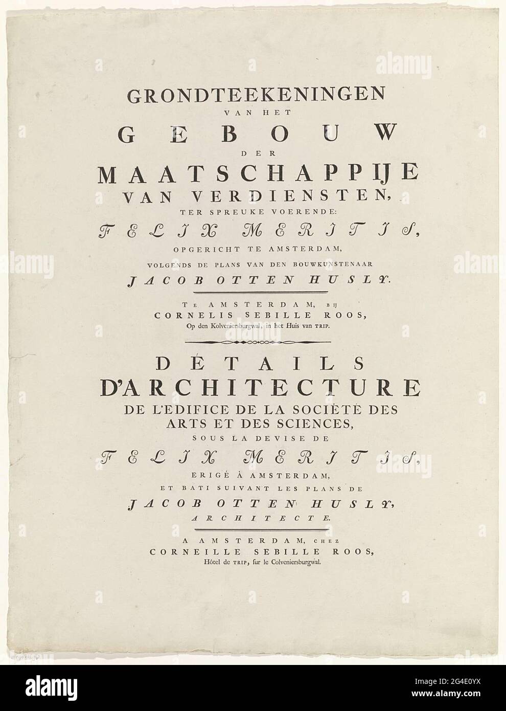 . Page de titre pour les imprimés en: Dessins au sol de la construction du sens des mérites, pour dépensé: Felix Meritis. Banque D'Images