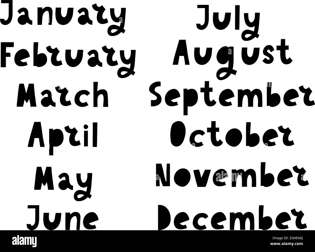 Noms manuscrits des mois : décembre, janvier, février, mars, avril, Mai, juin, juillet août septembre octobre novembre Calligraphie mots pour calend Illustration de Vecteur