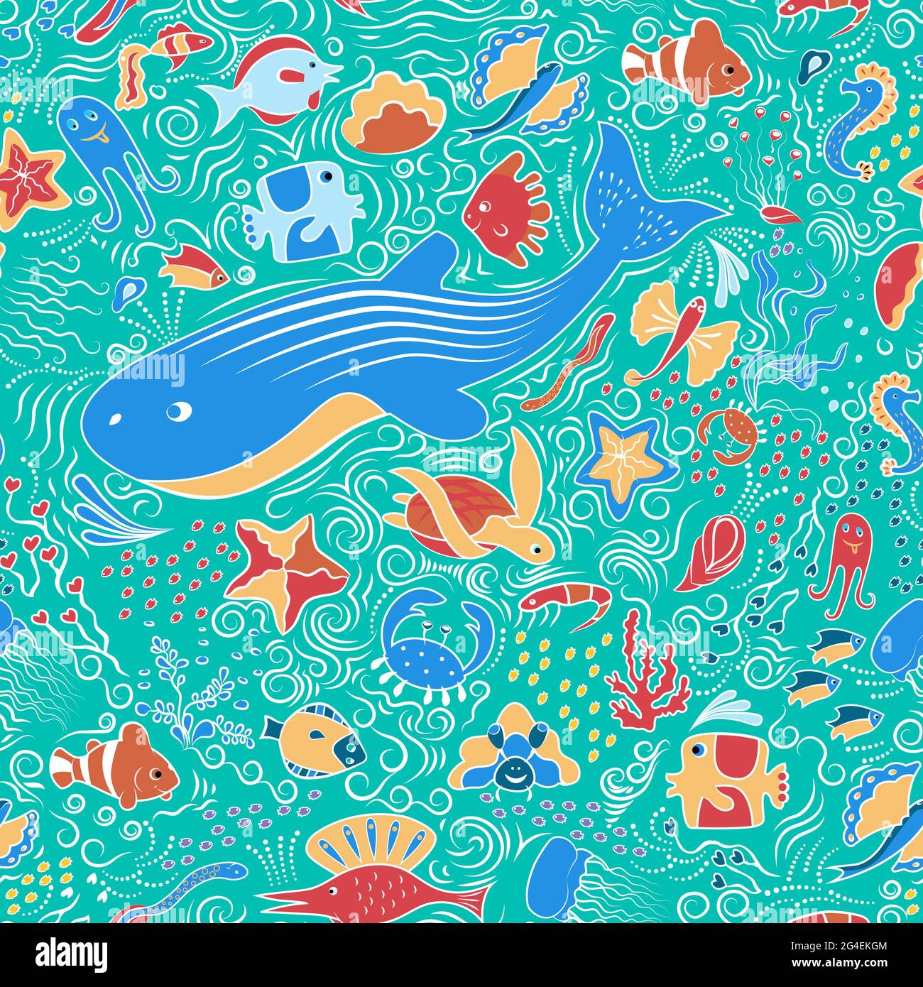 Motif marin décoratif sans couture. Puits, poissons, étoiles de mer, patins, pieuvre et autres animaux marins de la mer et de l'océan. Magnifique aquarium marin. Activé Illustration de Vecteur