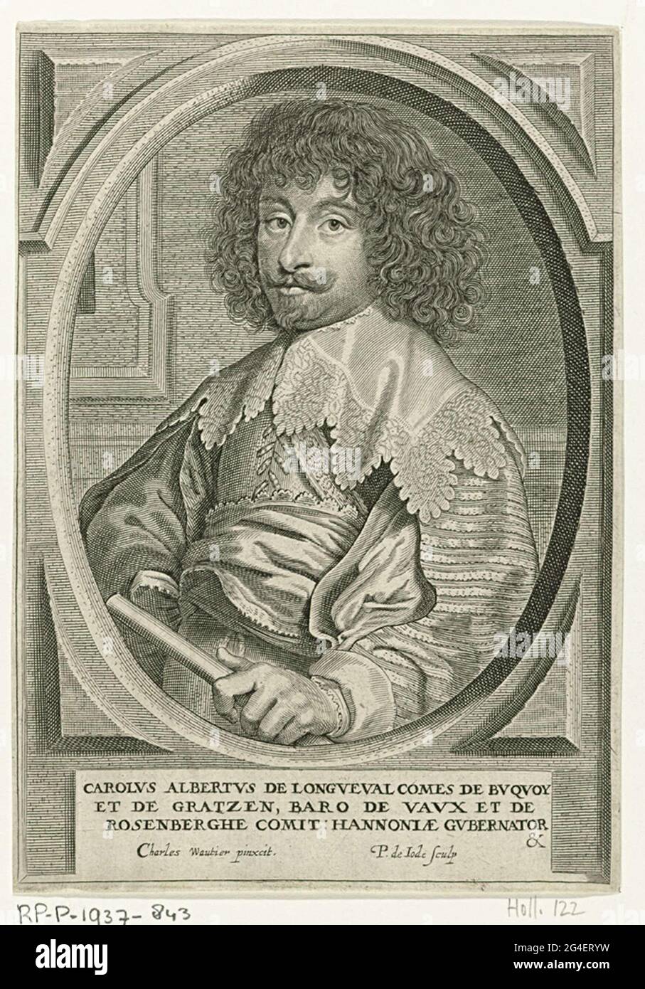 . Portrait de Charles Albert de Longueval, comte de Bucquoy, en deux. Dans sa main gauche, il détient un commandement. Le portrait est pris dans un cadre ovale avec un bord carré. Dans la marge une légende à trois pattes en latin. Banque D'Images