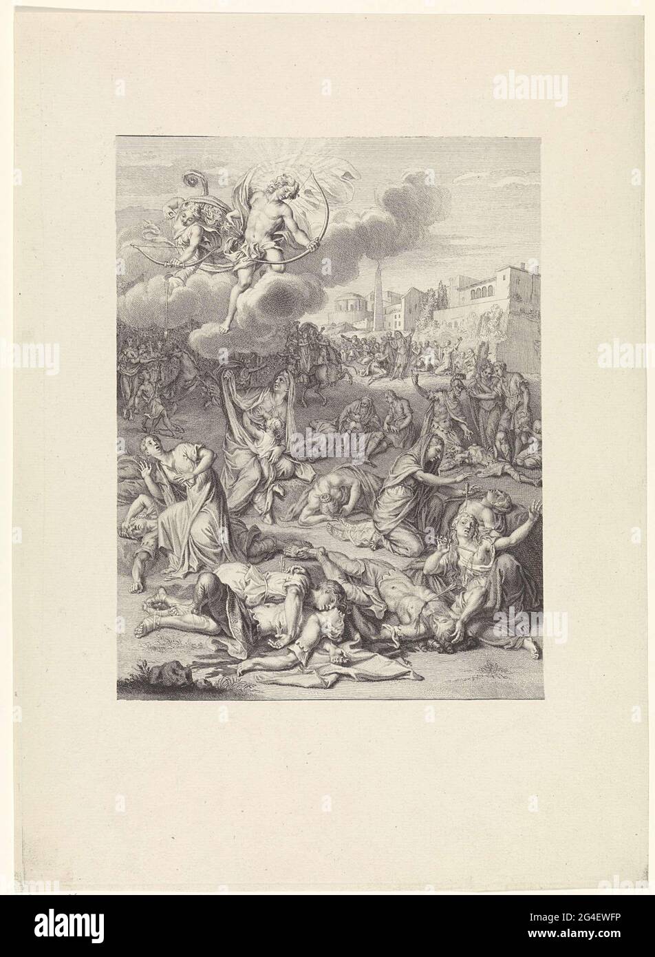 . Apollon et Diana tire d'une flèche nuageuse sur les enfants de Niobe pour la punir. Les fils et les filles de Niobe sont morts au sol. D'autres tentent encore d'échapper à leur destin. Banque D'Images